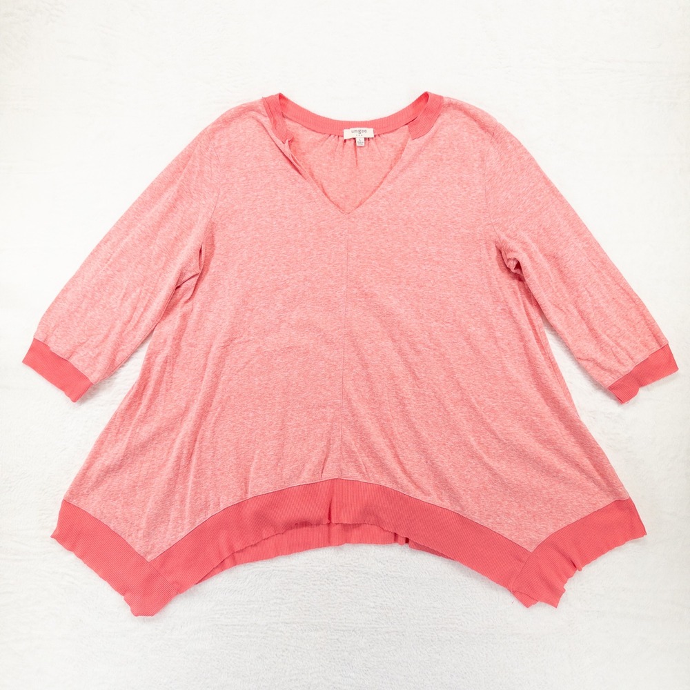 Umgee Womens Top Large Pink Heather V-Neck Sharkbite Hem 3/4 Sleeve Ribbed Trim